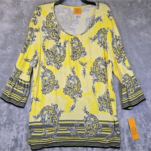 Tops - NWT Ruby Rd Blouse Top XL Yellow Black Paisley 3/4 Flutter Bell Sleeve